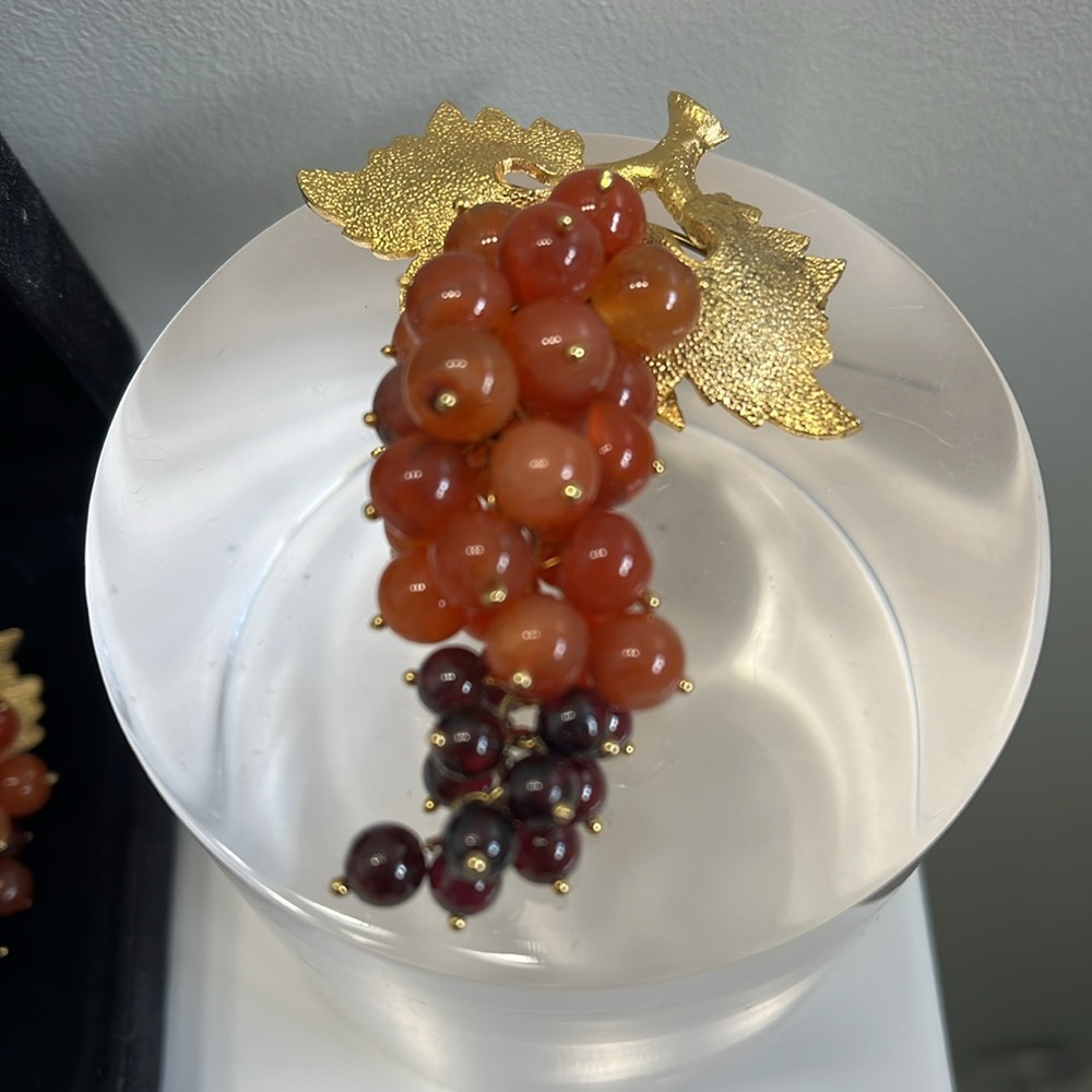 Macy's Gold and Red Cluster Brooch Set earrings and a brooch pin - Picture 2 of 7